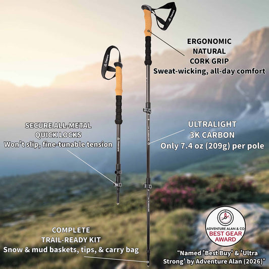 A detailed infographic for Freevane Kodiak Telescoping Carbon Trekking Poles against a blurred mountain background, highlighting key features: Ergonomic Natural Cork Grip, Ultralight 3K Carbon Fiber (7.4 oz), Secure All-Metal Quick Locks, and a Complete Trail-Ready Kit. Features the Adventure Alan & Co Best Gear Award badge in the bottom right corner.
