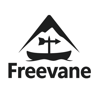 Logo of Freevane with a stylized mountain, arrow, and canoe on a white background