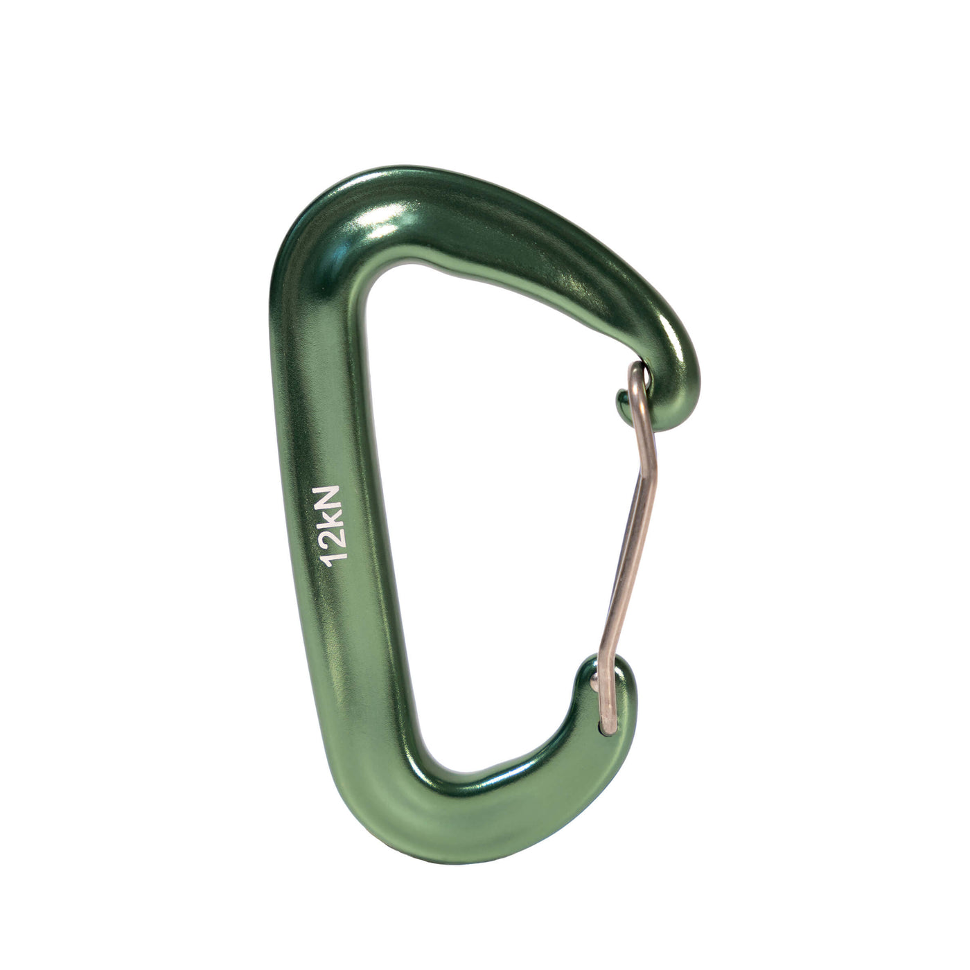 Green wire gate carabiner with '12N' on a white background Freevane