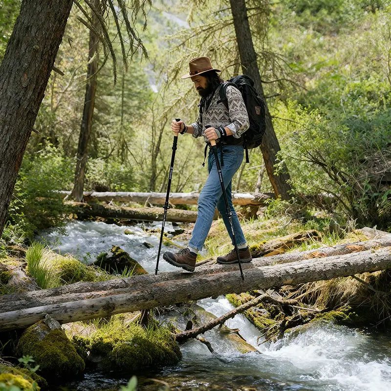 Male backpacker in hat and boots carefully crossing a fallen log over a fast mountain stream, using a pair of Freevane trekking poles for balance and stability in rugged terrain.