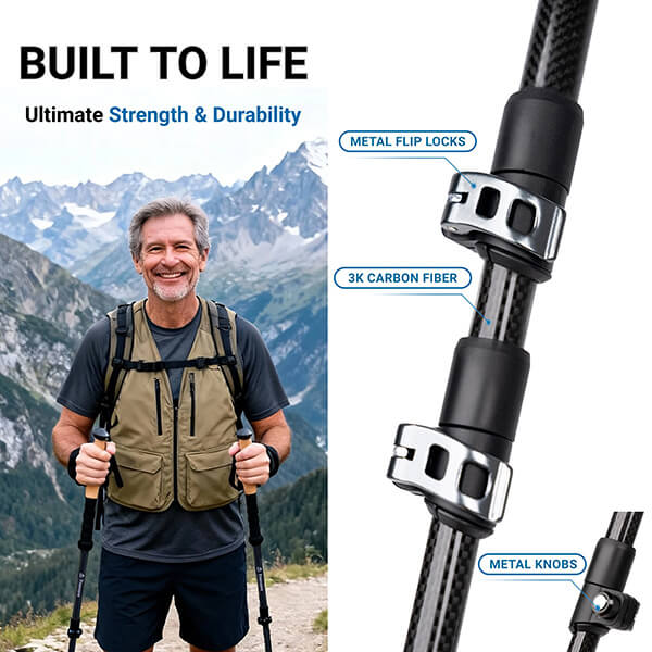 Hiker with backpack and trekking poles against a mountainous background, with product details highlighted.
