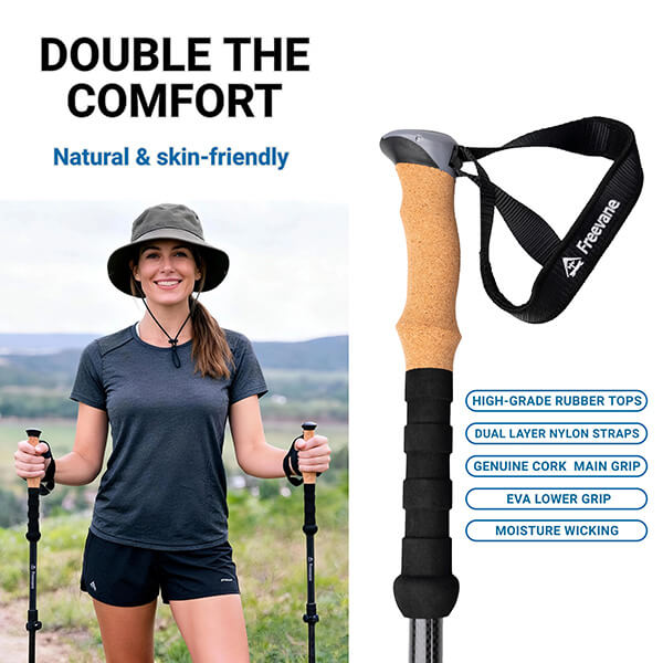 Woman holding hiking poles with a close-up of a pole and text highlighting features.