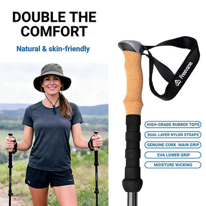 Woman holding hiking poles with a close-up of a pole and text highlighting features.