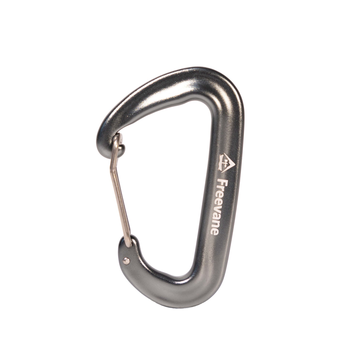 Metal wire gate carabiner with Freevane branding on a white background