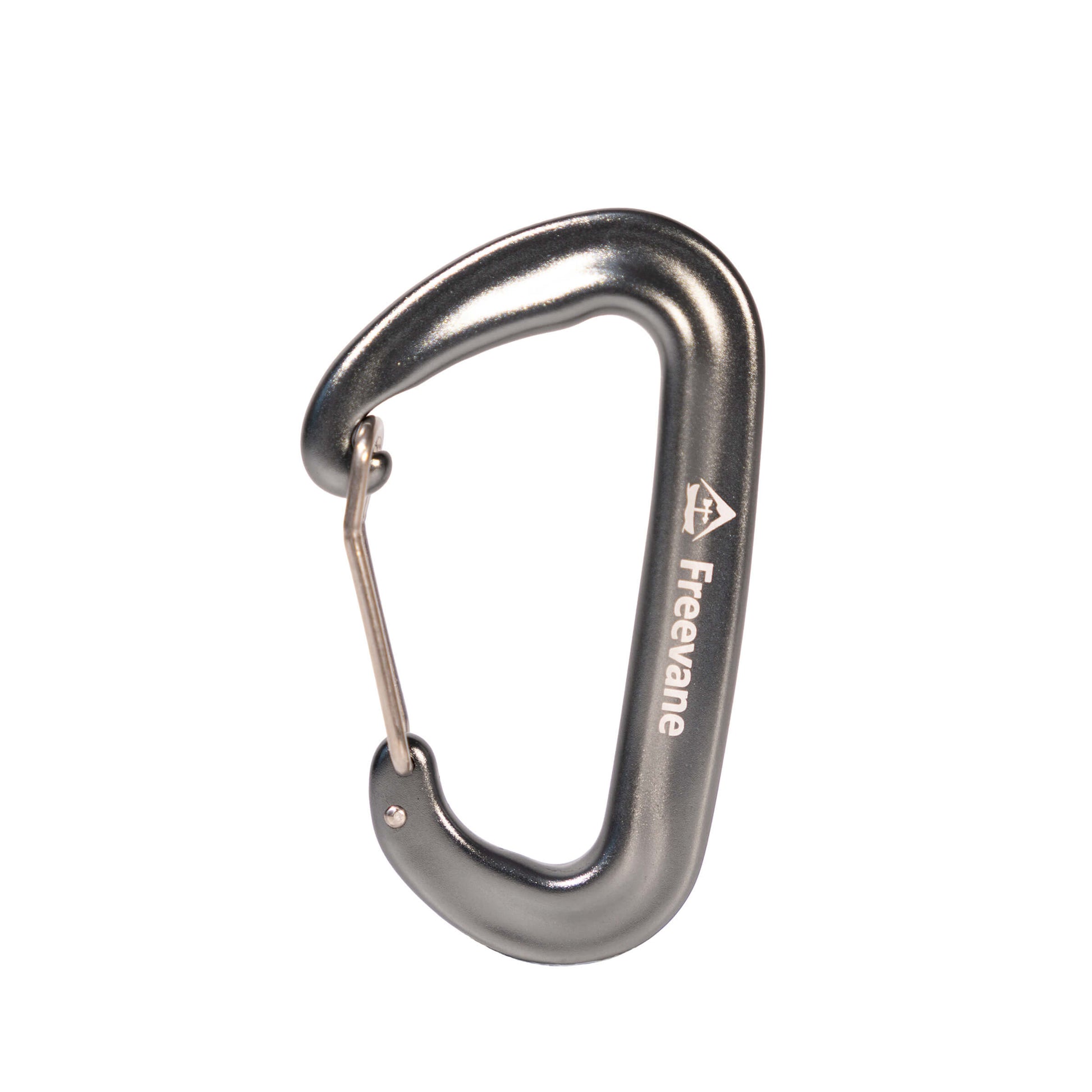 Metal wire gate carabiner with Freevane branding on a white background