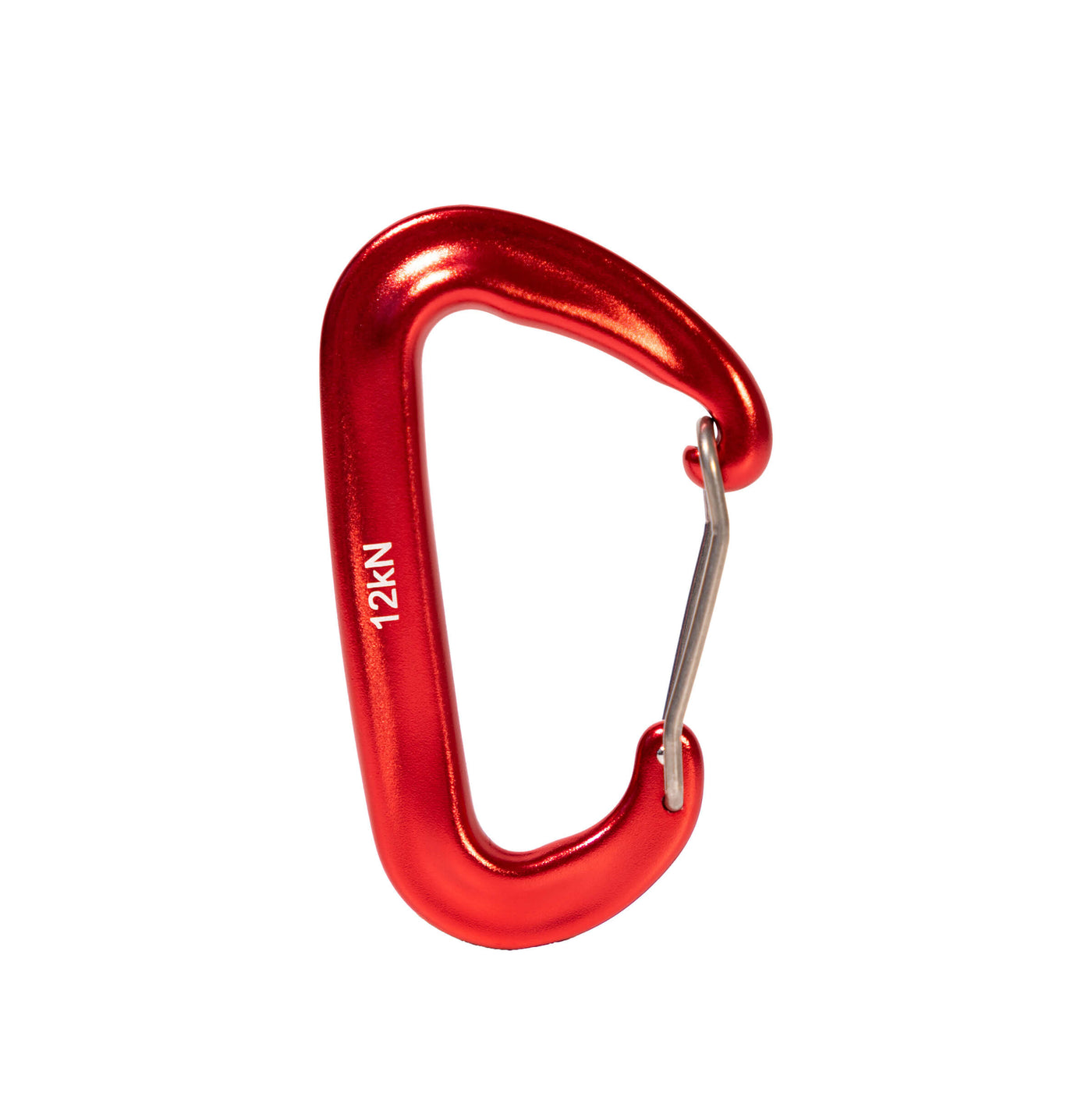 Red wire gate carabiner with '12KN' marking on a white background