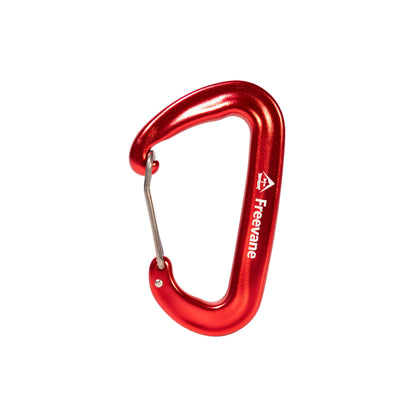 Red wire gate carabiner with Freevane logo on a white background