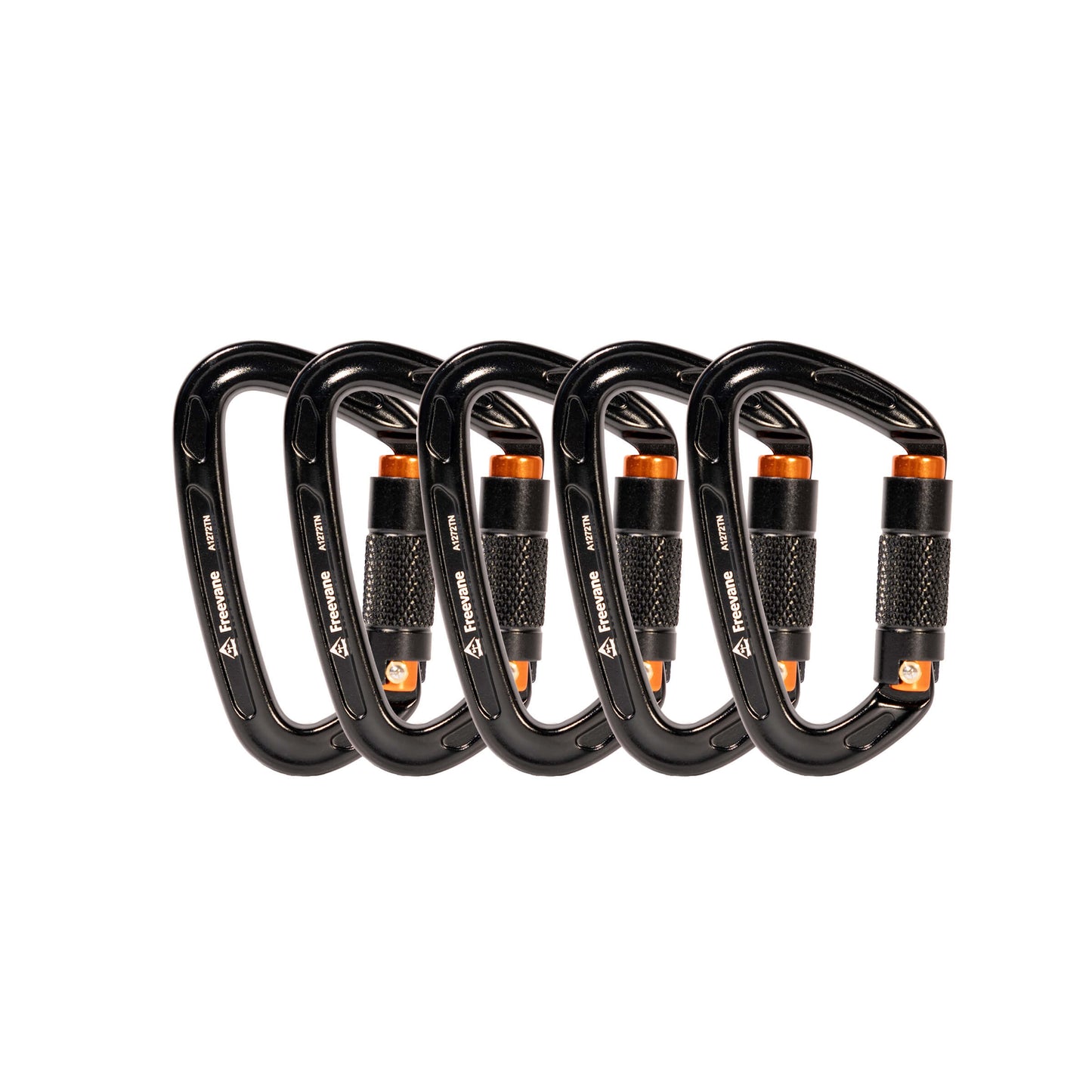 Set of five black 25kn auto lock carabiners with orange bolts on a white background