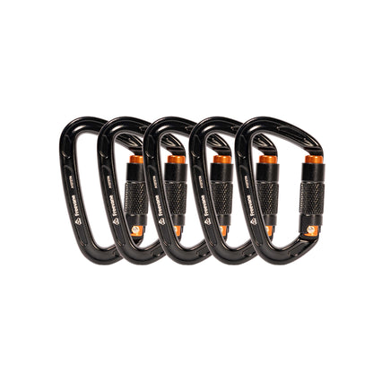 Set of five black 25kn auto lock carabiners with orange bolts on a white background