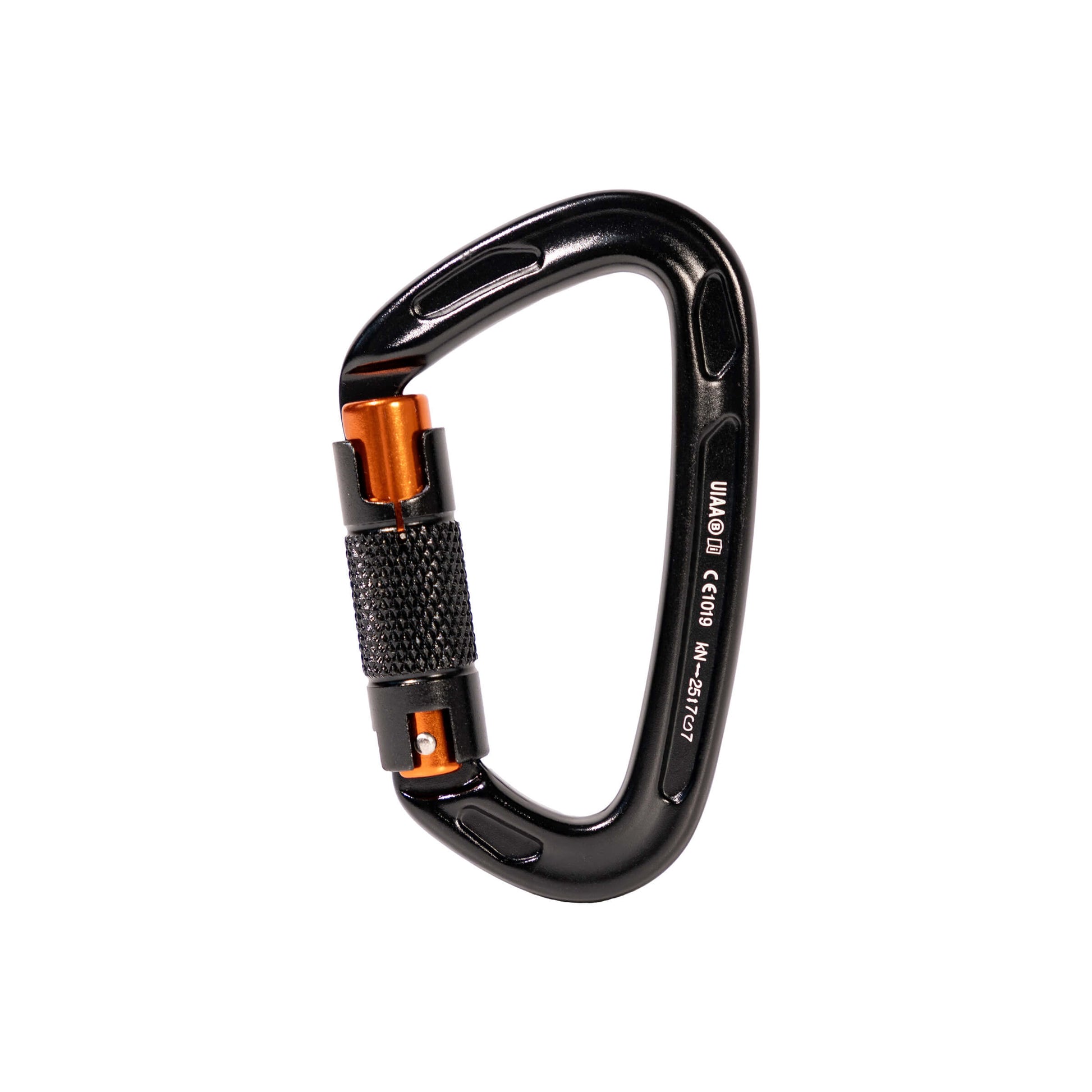 Freevane 25kn auto lock carabiner with UIAA, CE from back view