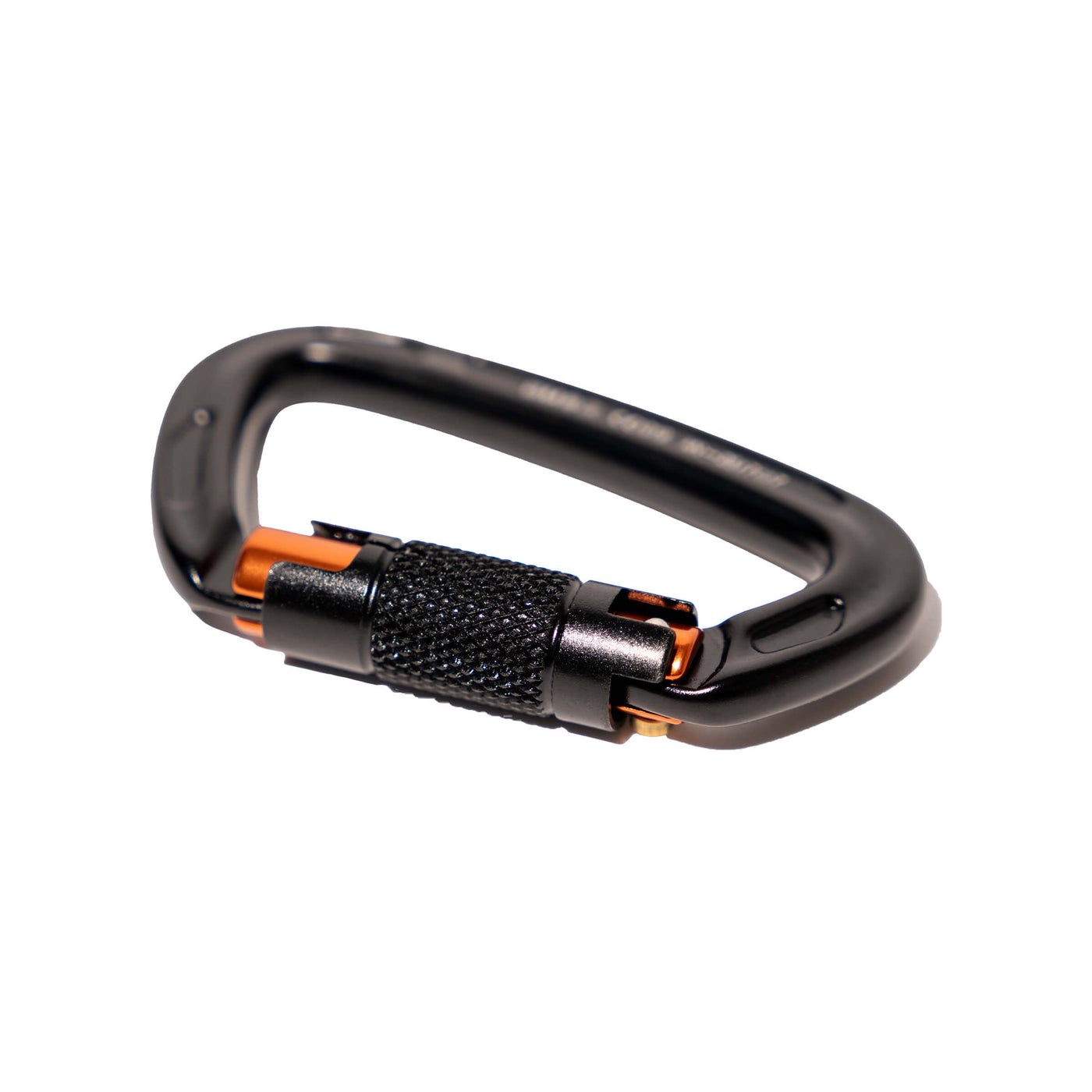 Black and orange auto lock carabiner on a white background