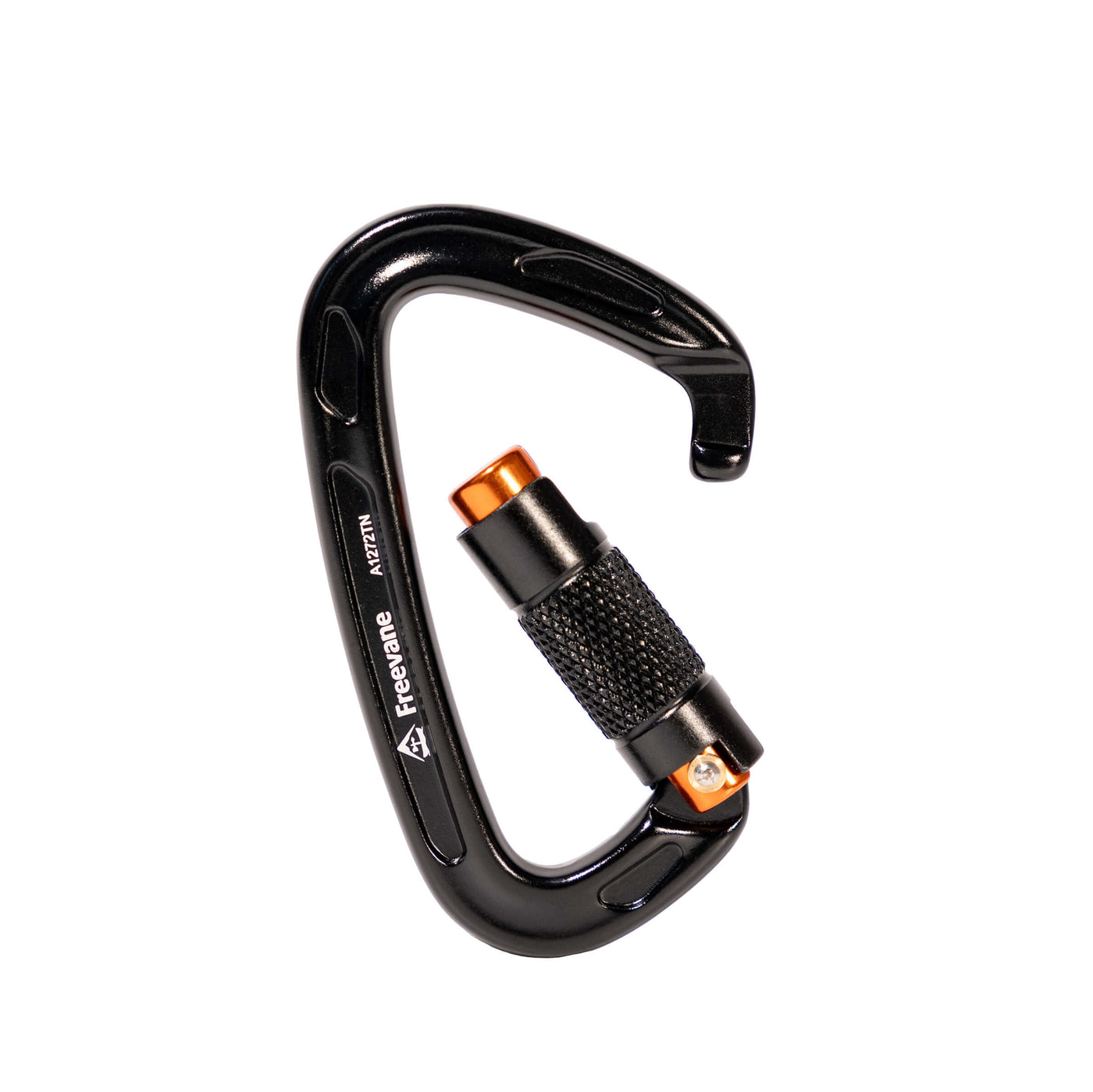 Open gate picture of Black carabiner with orange clip on a white background