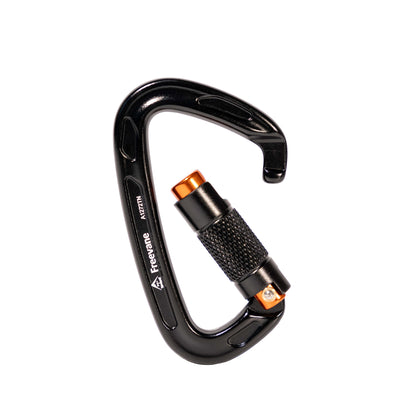 Open gate picture of Black carabiner with orange clip on a white background
