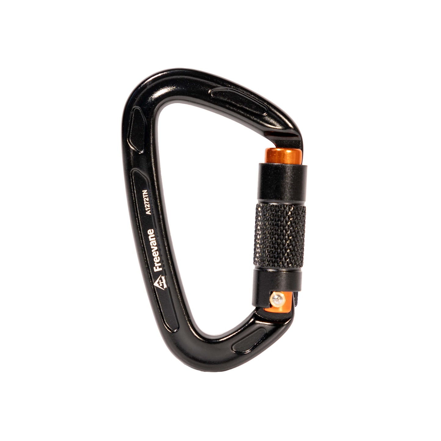 25KN auto lock carabiner with orange lock on a white background