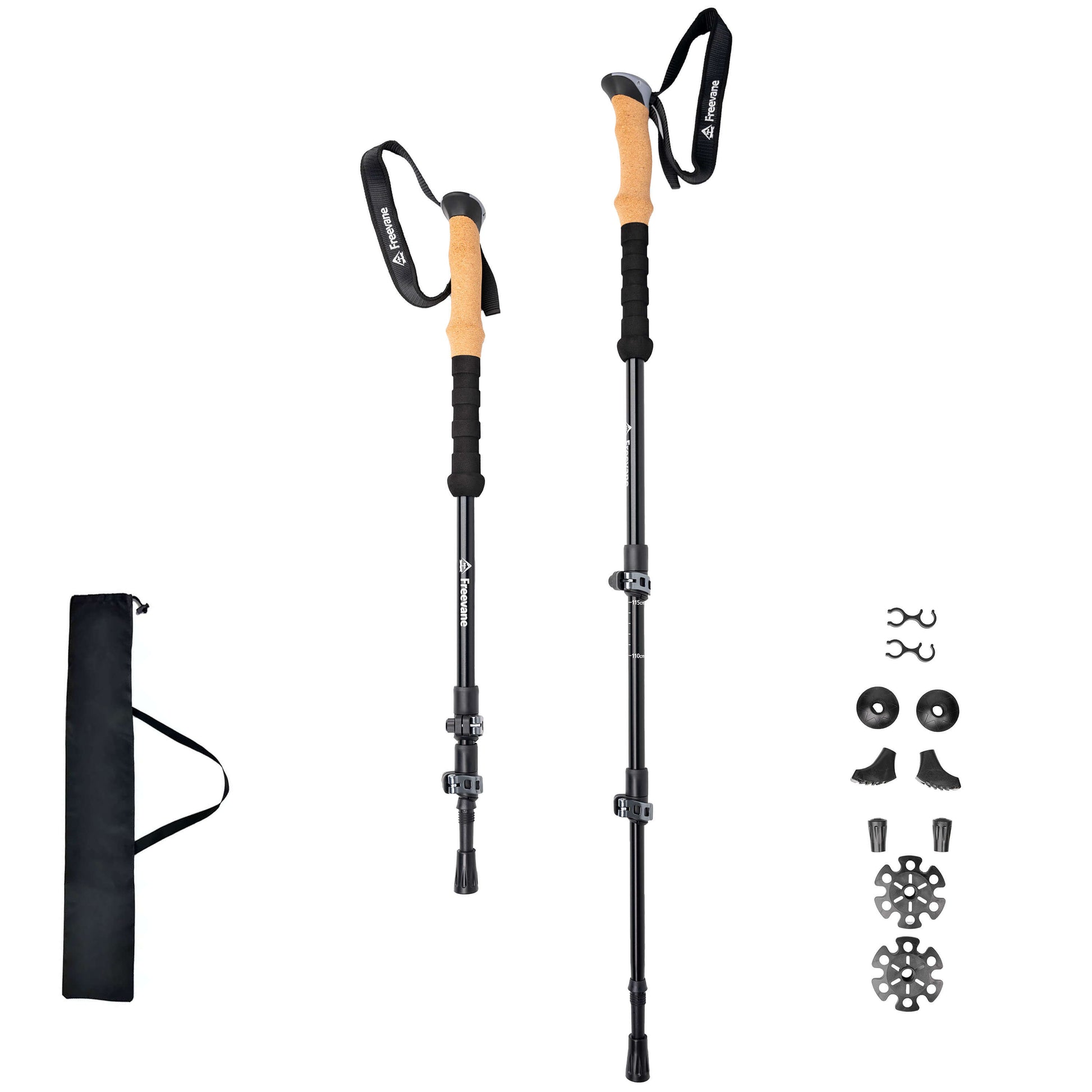Two hiking poles with black and cork handles on a white background
