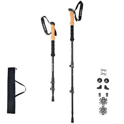Two hiking poles with black and cork handles on a white background