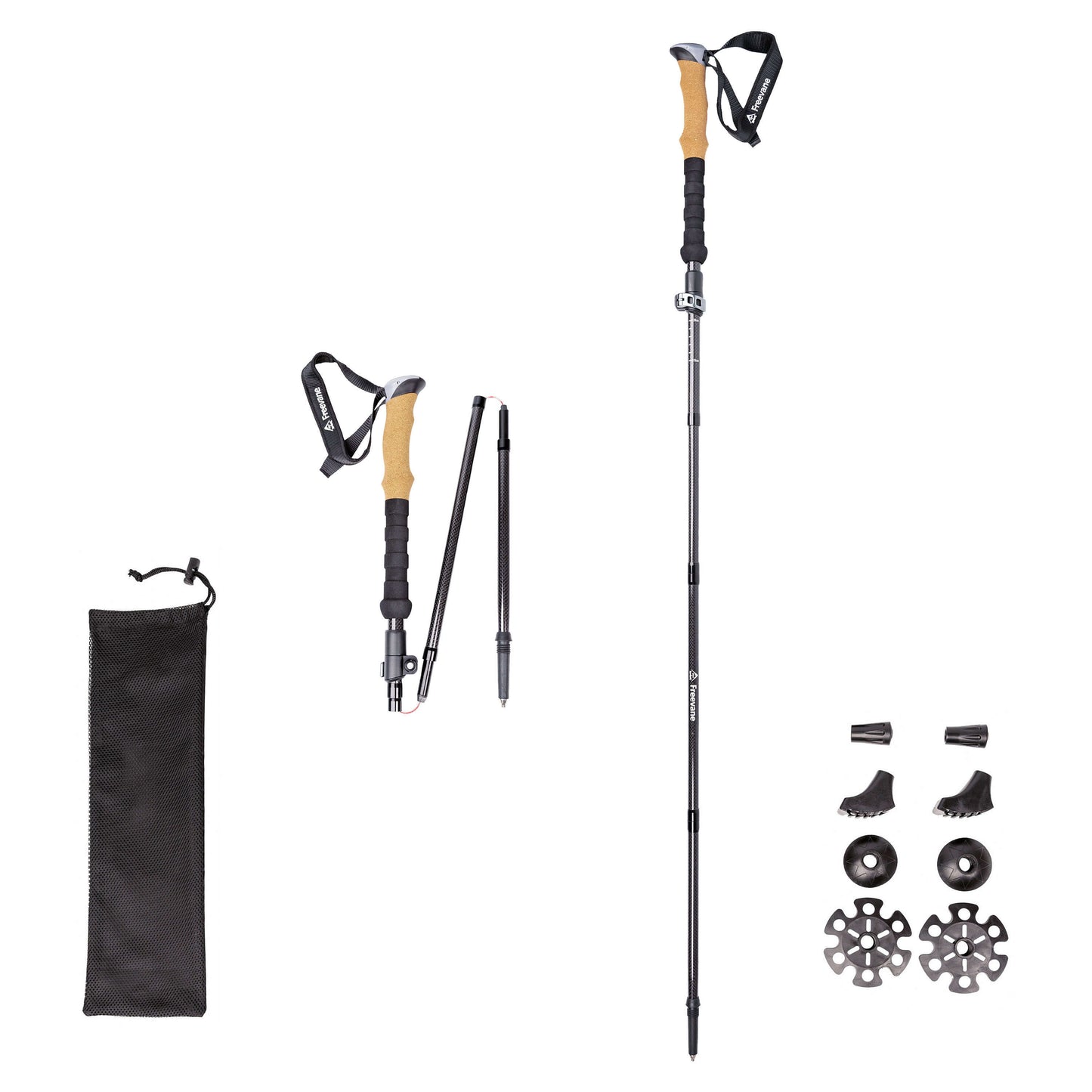 Two folding carbon fiber hiking poles with adjustable shafts on a white background