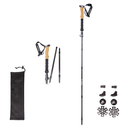 Two folding carbon fiber hiking poles with adjustable shafts on a white background