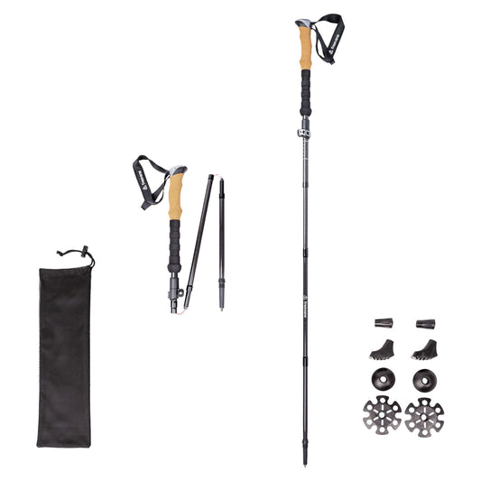 Two folding carbon fiber hiking poles with adjustable shafts on a white background