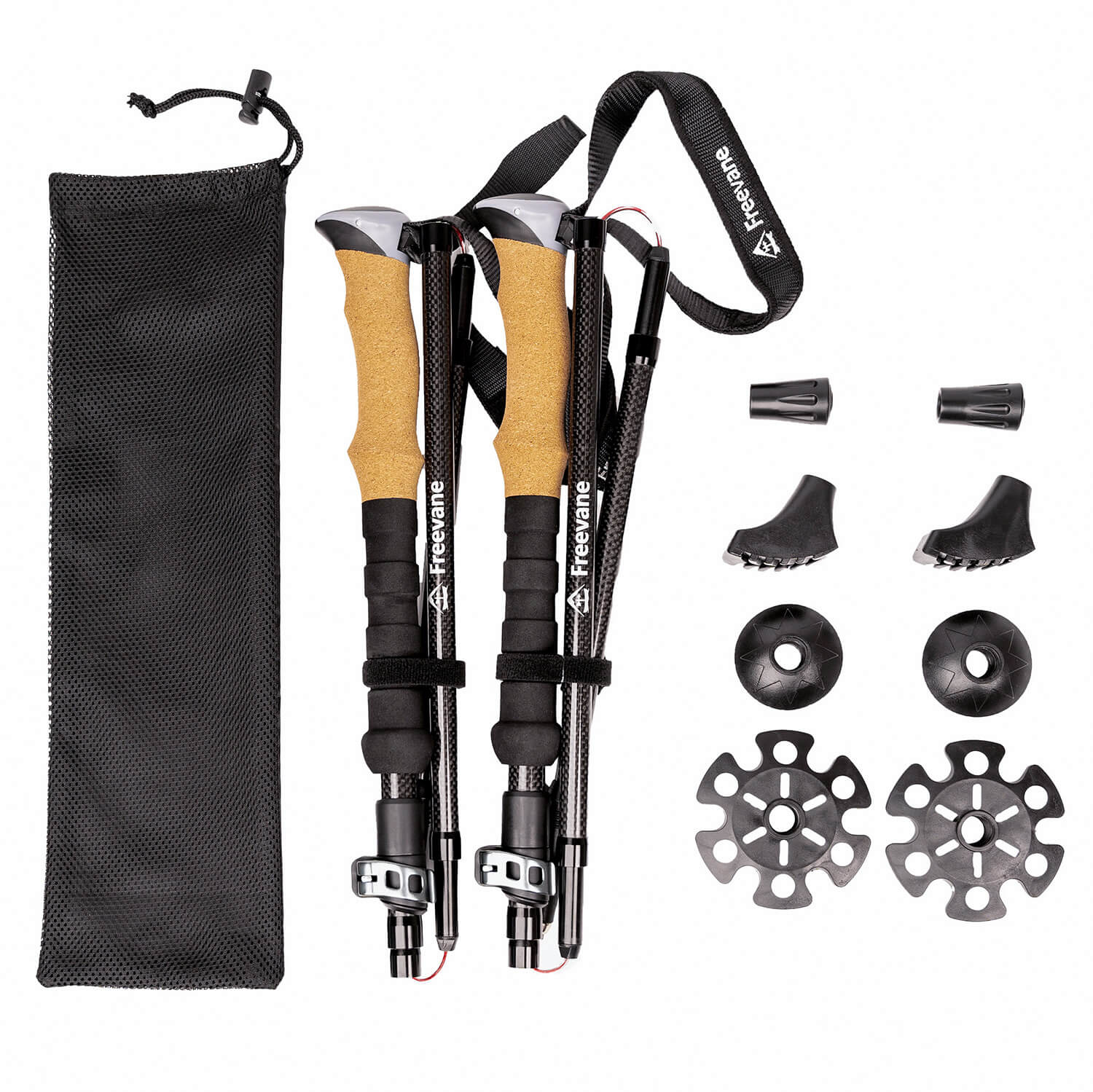 Folding Hiking poles with accessories and carrying bag on a white background