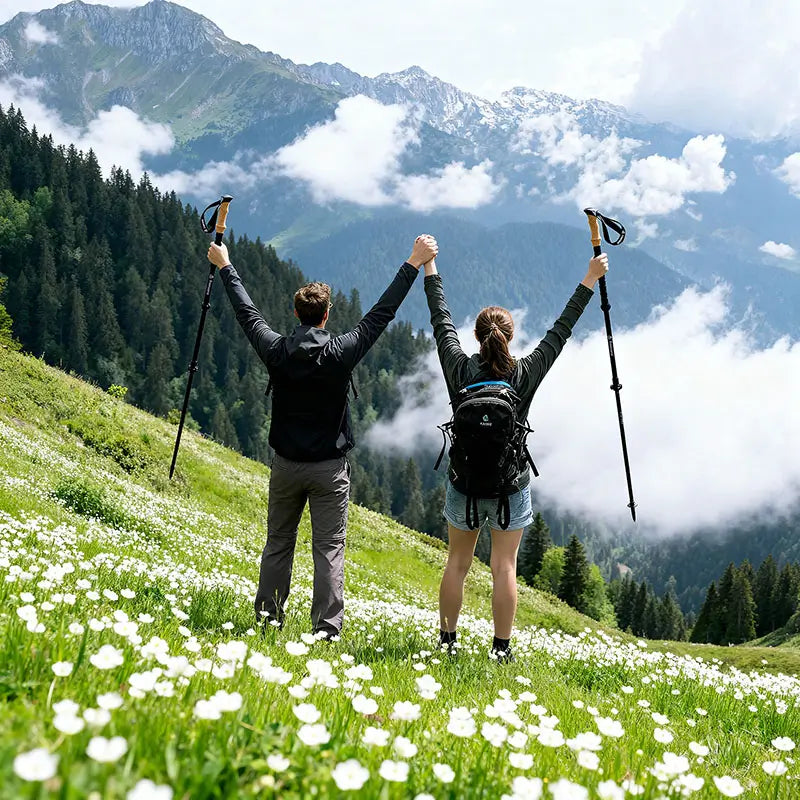 Back view of a hiking couple standing on an alpine meadow, raising their Freevane trekking poles in the air with mountain peaks and clouds in the background, symbolizing outdoor freedom and adventure.