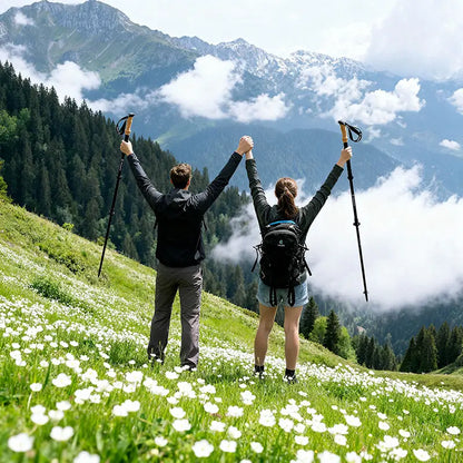 Back view of a hiking couple standing on an alpine meadow, raising their Freevane trekking poles in the air with mountain peaks and clouds in the background, symbolizing outdoor freedom and adventure.