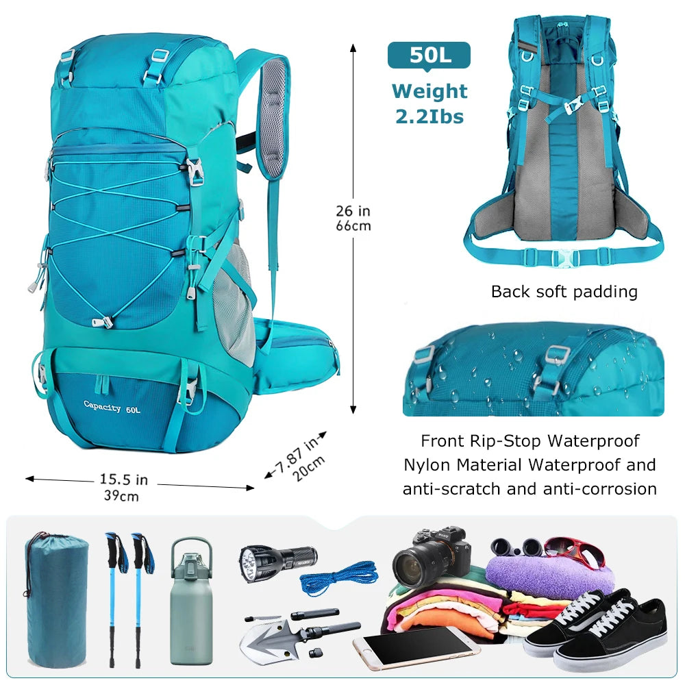 50L Lightweight Hiking Backpack with Rain Cover – Waterproof Pack for Hiking & Backpacking