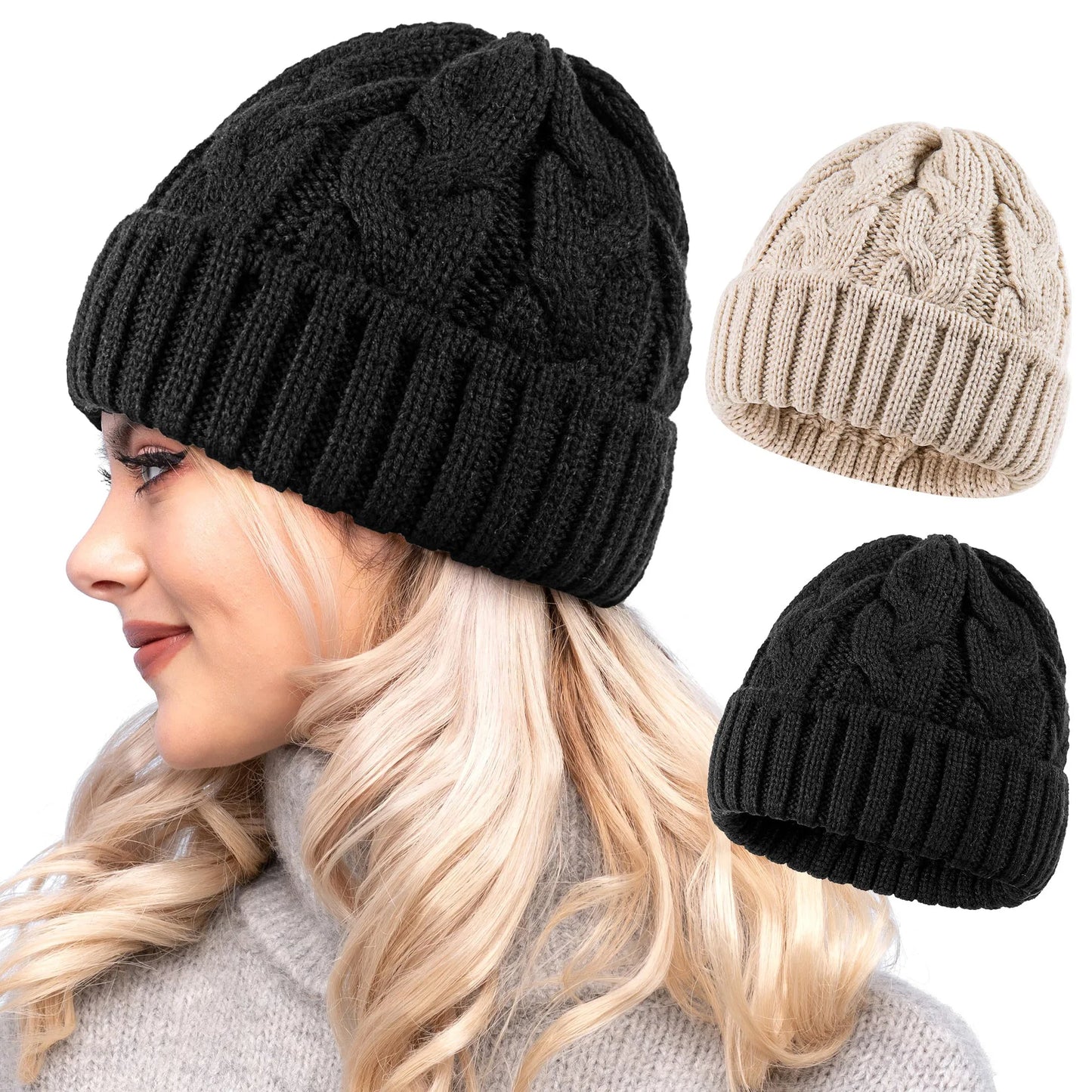 Women’s Chunky Cable-Knit Beanie – Warm, Stretchy Winter Hat