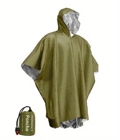 3-in-1 Emergency Survival Rain Poncho – Waterproof Hooded Camping Poncho (39.4 in × 51.2 in), Military-Style, Packable