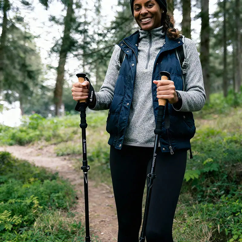 Close-up of a smiling female hiker on a forest trail, holding two black Freevane trekking poles with cork handles, showcasing comfort, control and confidence while walking.