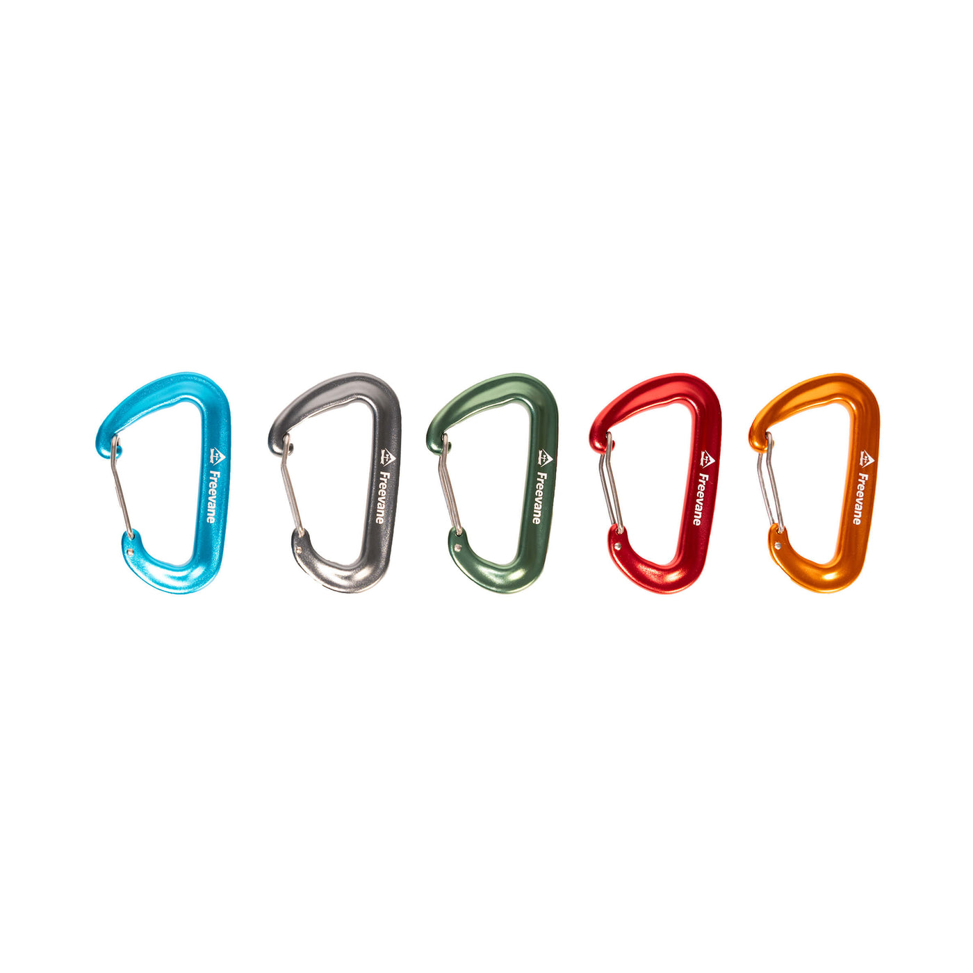 Five colorful Freevane wire gate carabiners on a white background