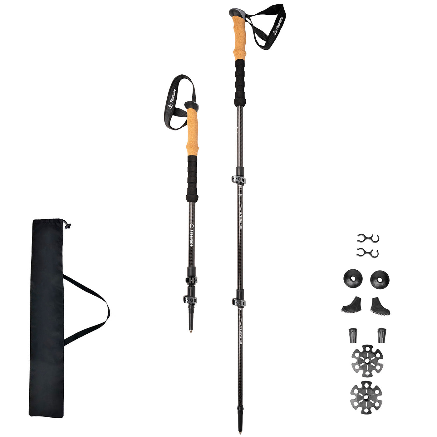 Freevane Kodiak telescoping 3K carbon fiber trekking poles with natural cork grips and metal quick locks.