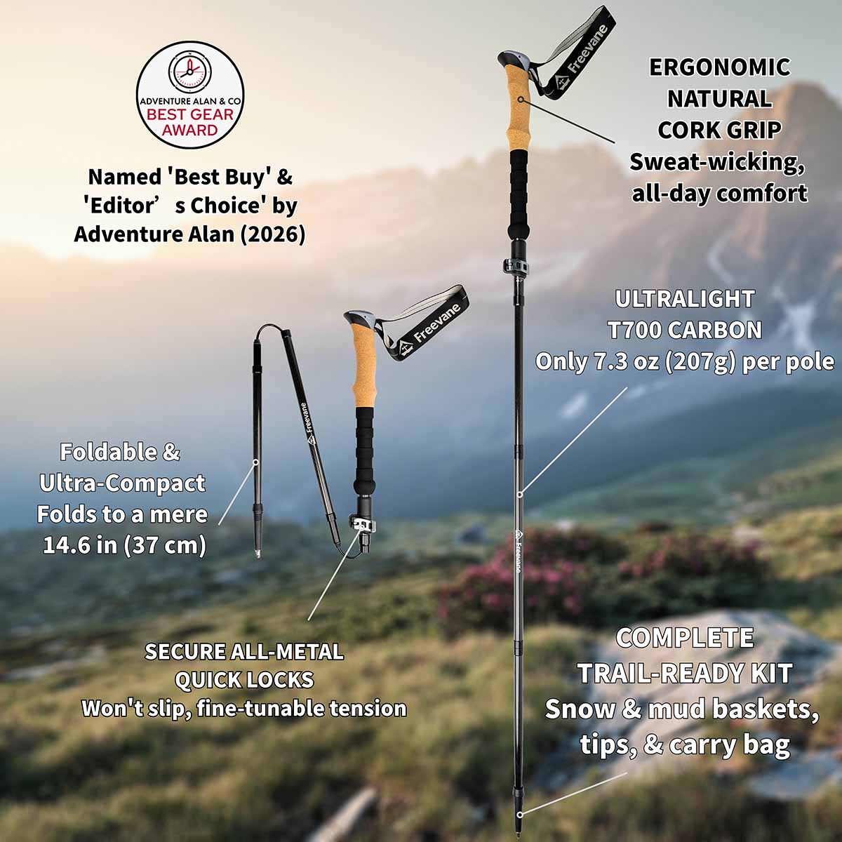 Freevane Panther folding trekking poles collapsed to a compact 14.6 inches (37 cm) for easy backpack storage.