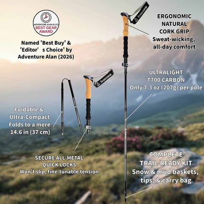 Freevane Panther folding trekking poles collapsed to a compact 14.6 inches (37 cm) for easy backpack storage.