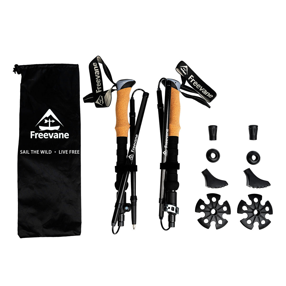 Trekking pole accessories set: snow baskets, mud baskets, tip protectors, storage bag.