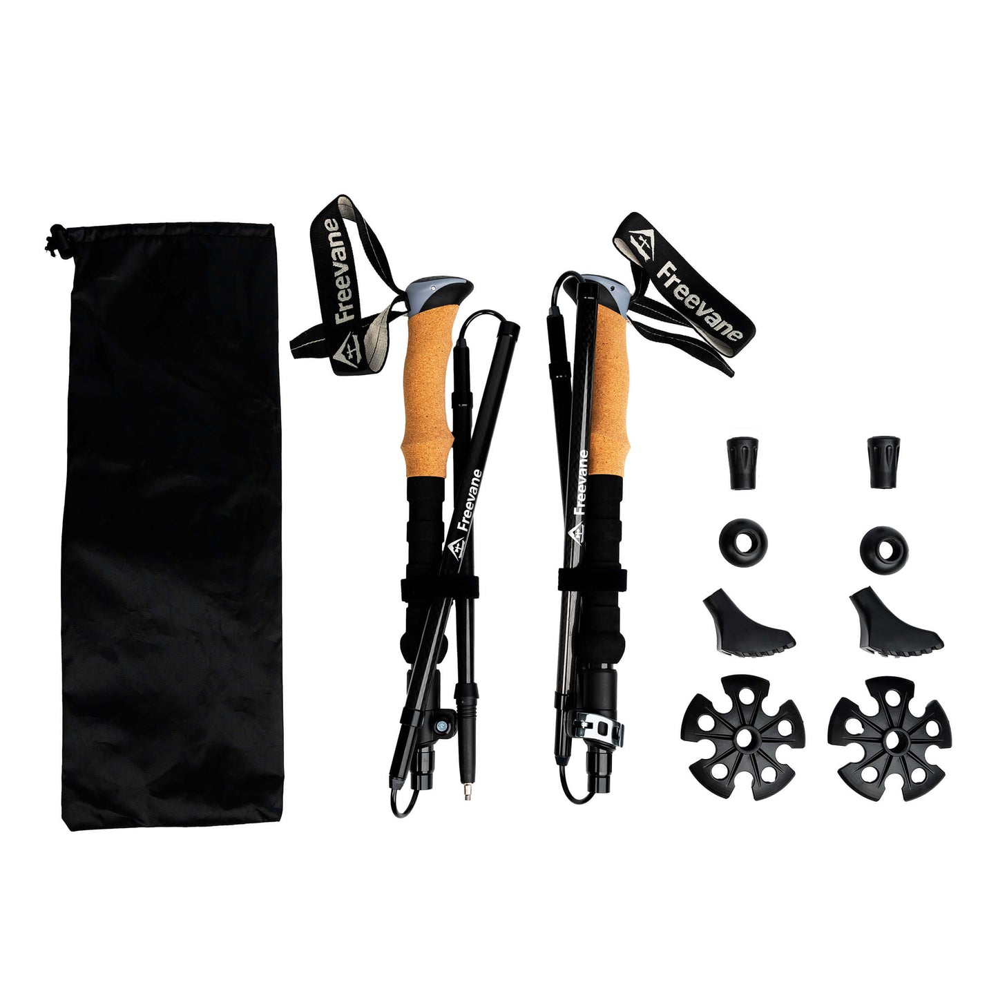 Trekking pole accessories set: snow baskets, mud baskets, tip protectors, storage bag.