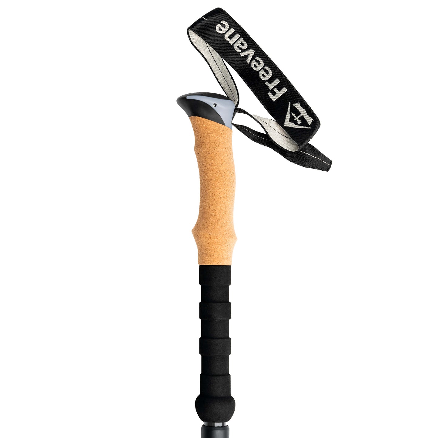 Cork grip close-up on trekking pole for comfort and sweat control.