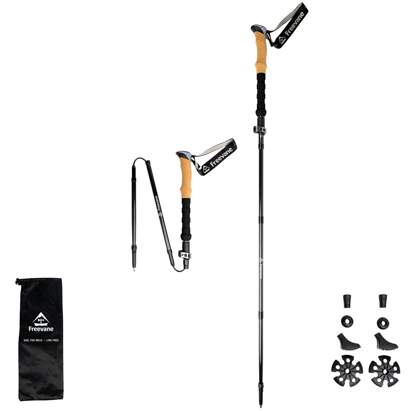 Folding carbon fiber trekking poles (pair), cork handle, 3K weave, white background