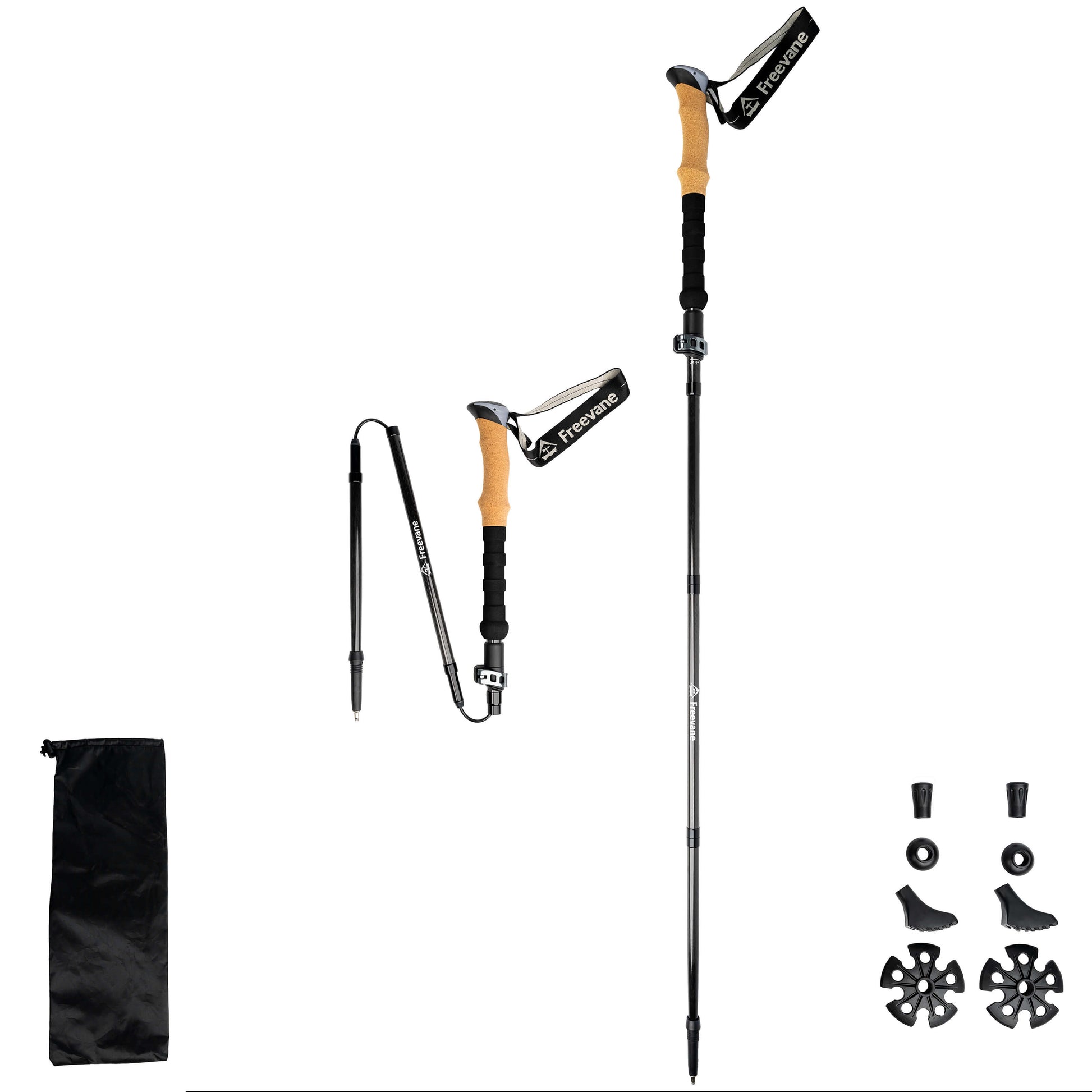 Folding carbon fiber trekking poles (pair), cork handle, 3K weave, white background