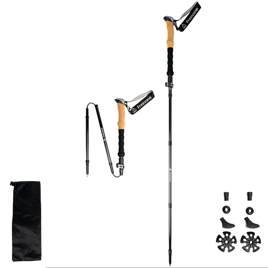Folding carbon fiber trekking poles (pair), cork handle, 3K weave, white background