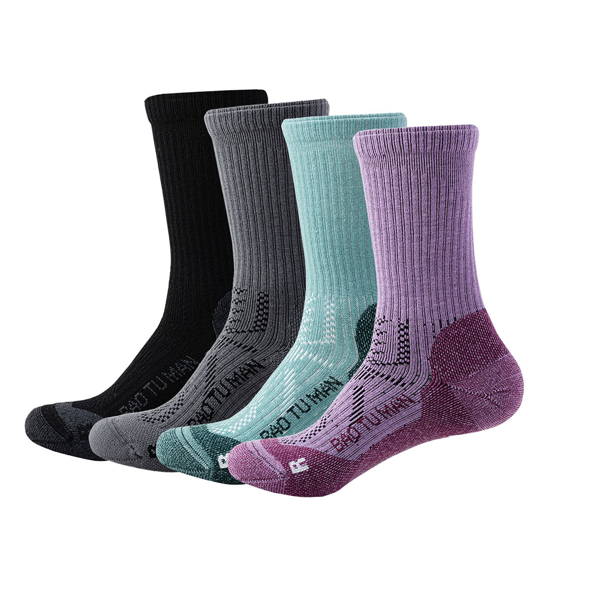 Full-cushion Merino wool hiking socks shown in black, dark gray, green, and purple.
