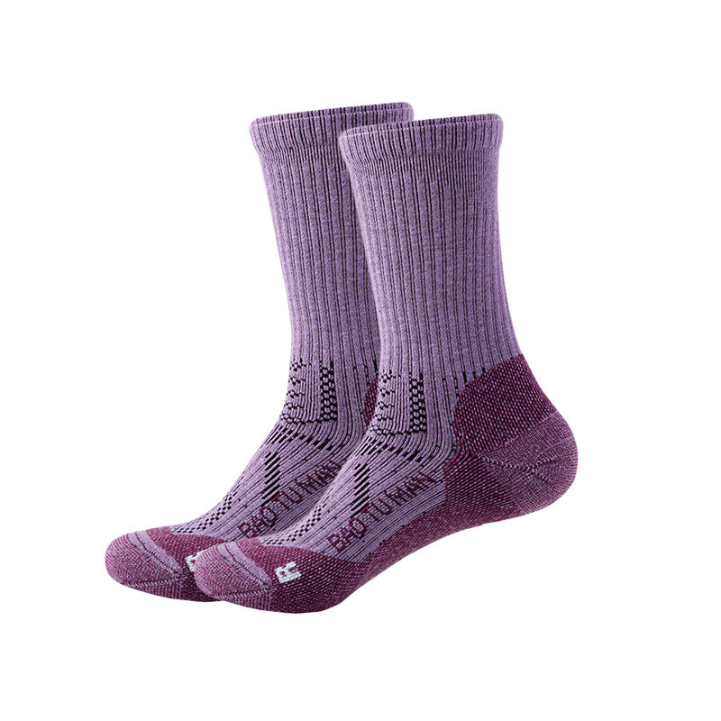 Purple Merino wool hiking socks with contrasting reinforced heels and toes and breathable instep panels.
